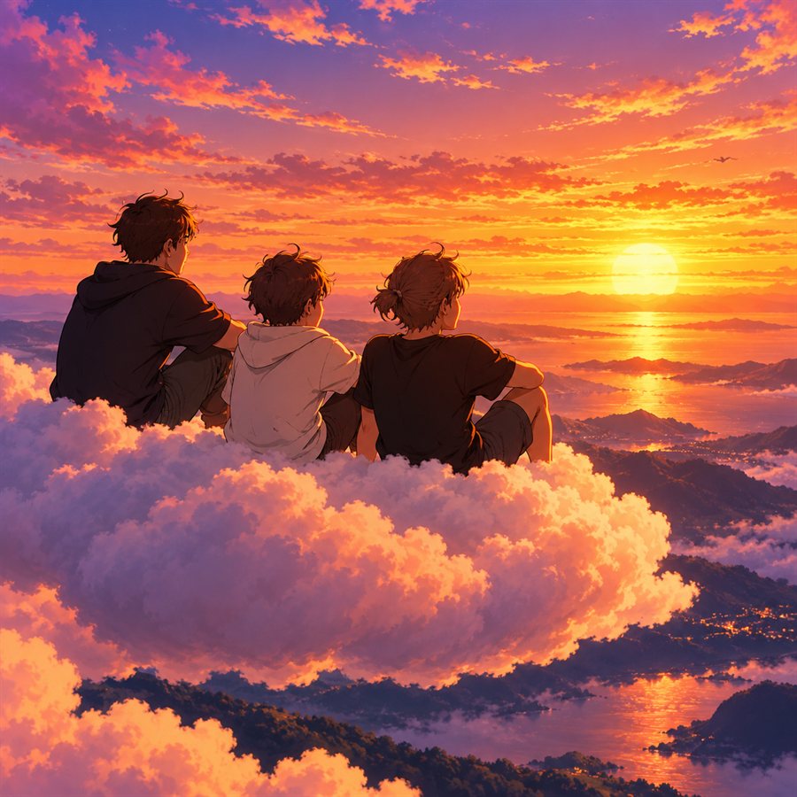 Scène anime générée par ChatGPT Image 2 : trois frères de dos assis sur un nuage face au soleil couchant