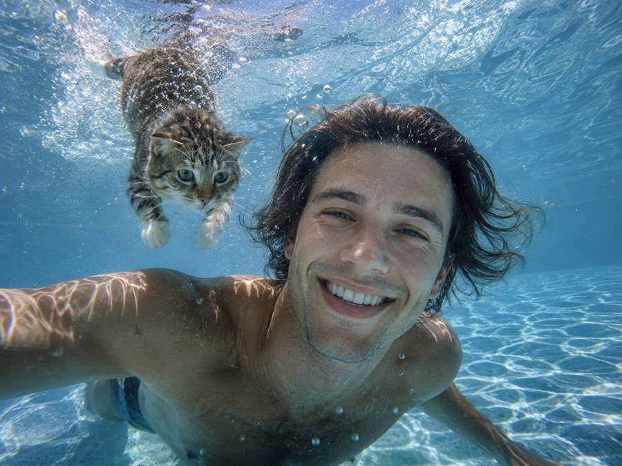 Photo sous-marine générée par ChatGPT Image 2 : un nageur souriant en selfie et un chat qui plonge au-dessus de lui