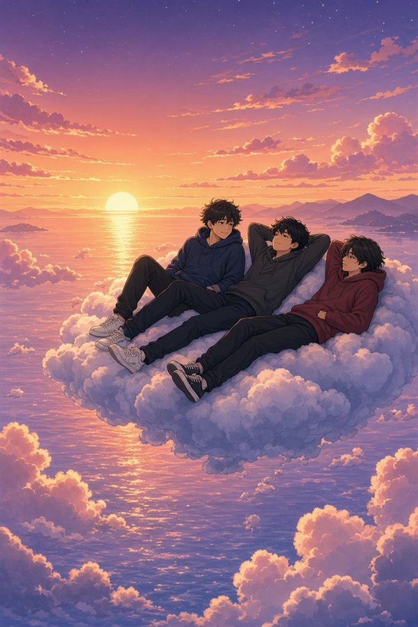 Scène anime générée par Grok Imagine : trois frères allongés sur un petit nuage devant un coucher de soleil