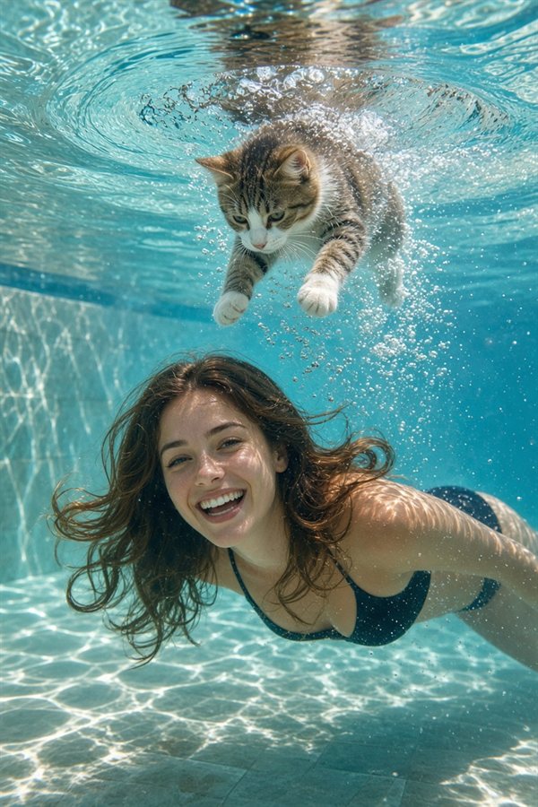 Photo sous-marine générée par Grok Imagine : une nageuse souriante et un chat qui plonge au-dessus d'elle